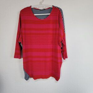 Alembika Womens Contrast Striped Top Medium Red 3/4 Dolman Sleeve Stretch Casual